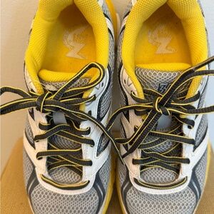 Gray and Yellow Athletic Shoes with Cushioned Midsole